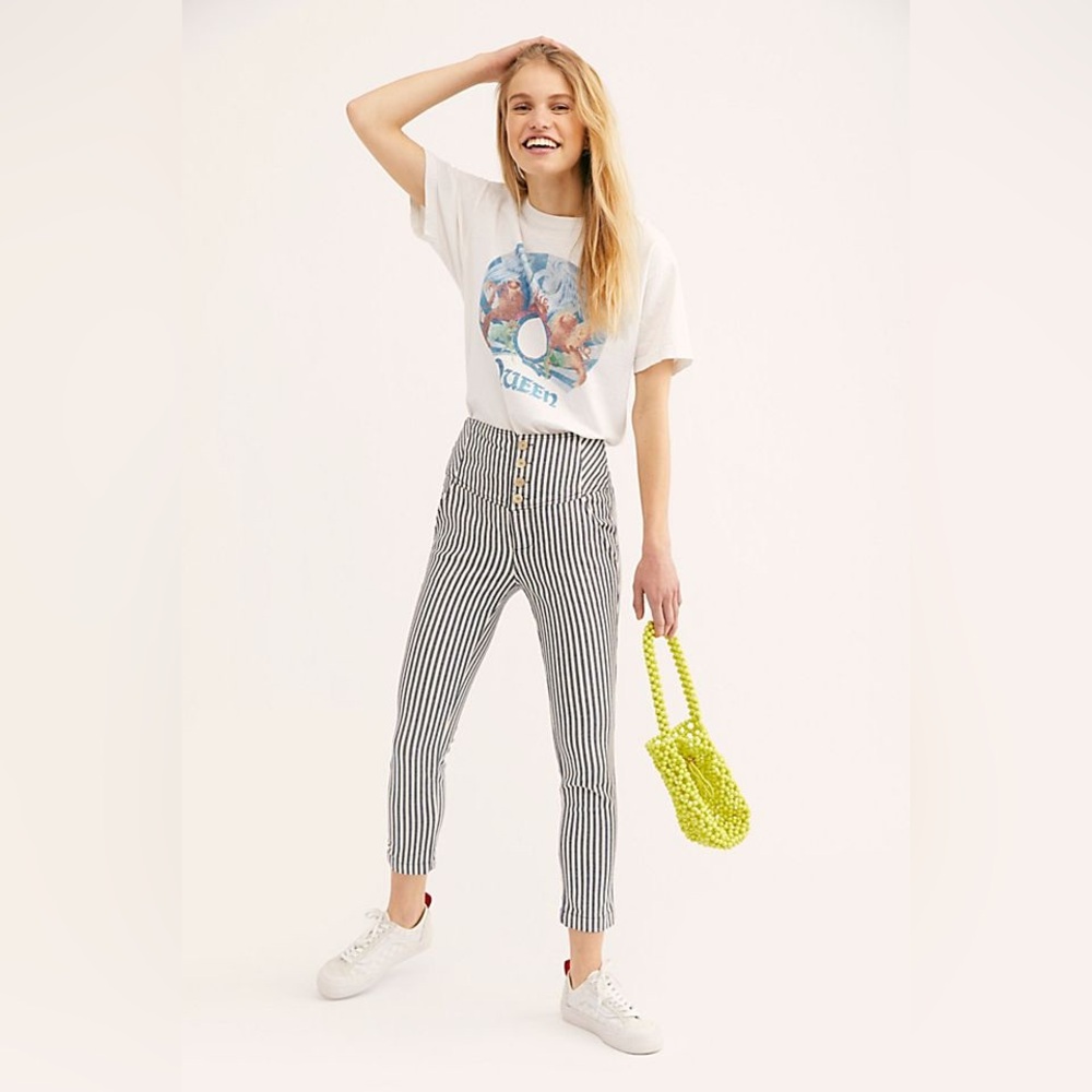 Free People Size 6 Frankie High Waist Striped Pants  Button Fly Blue White Ankle
